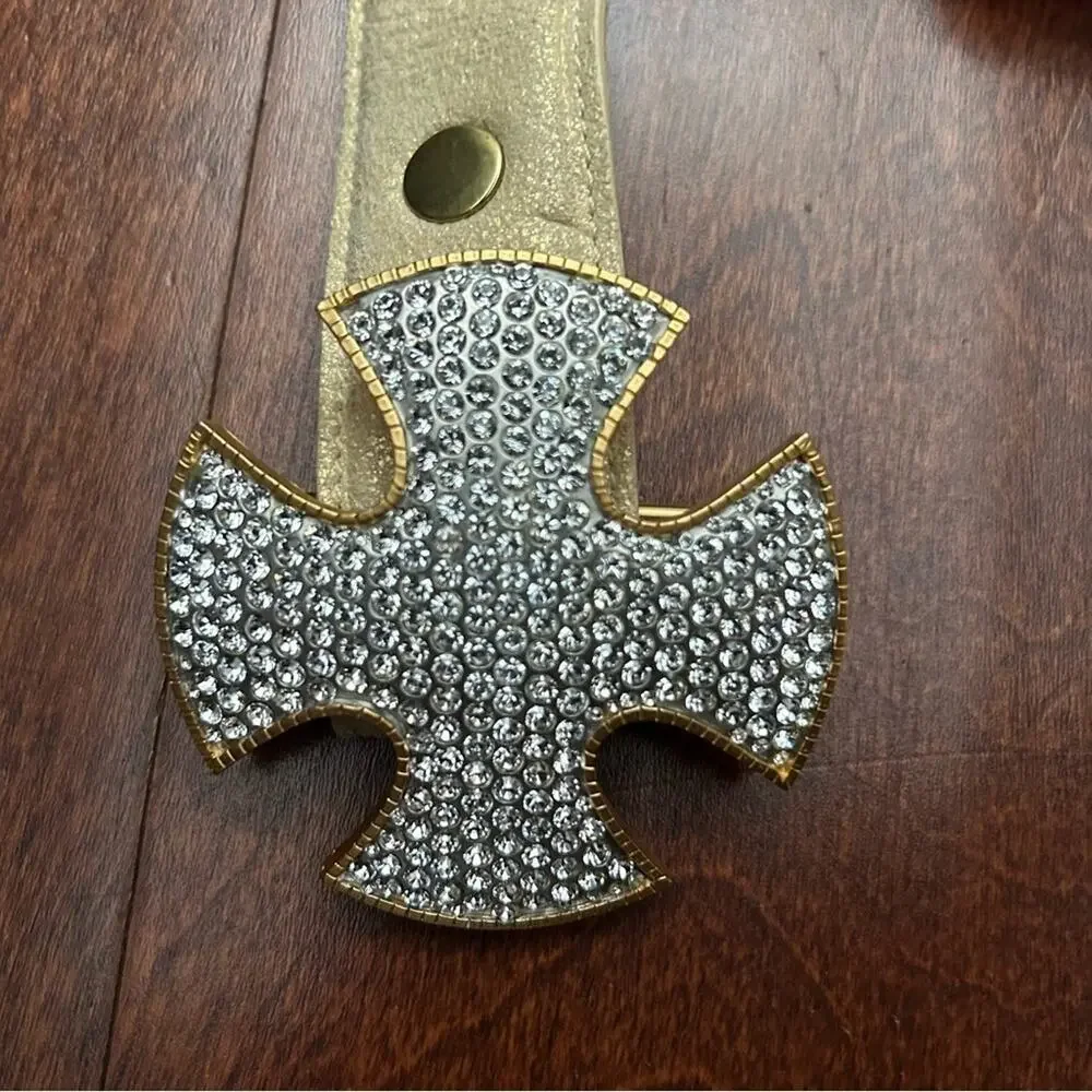 Cecelia Pale Crackled Gold Belt with Gold and Silver Rhinestone Cross Buckle